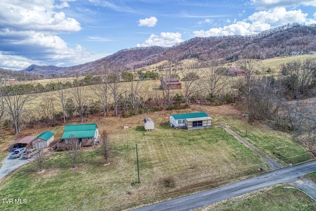 birds eye view of property with a mountain view and a rural view