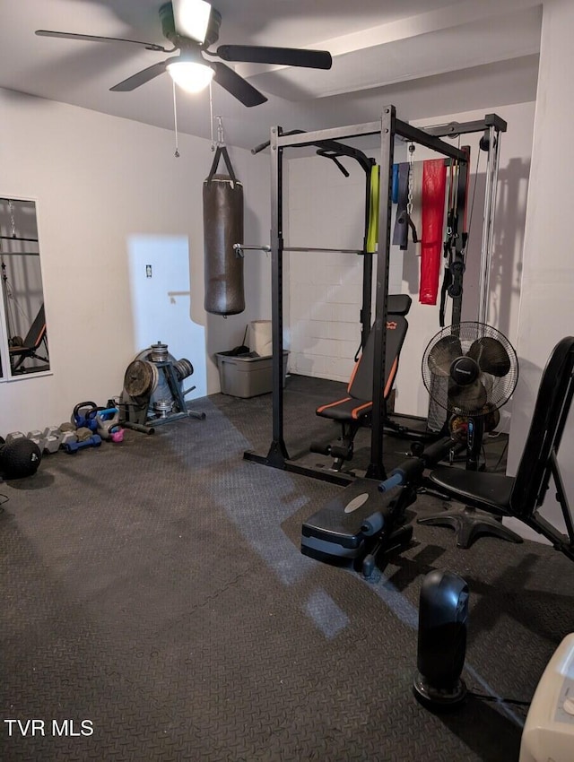 workout area with a ceiling fan