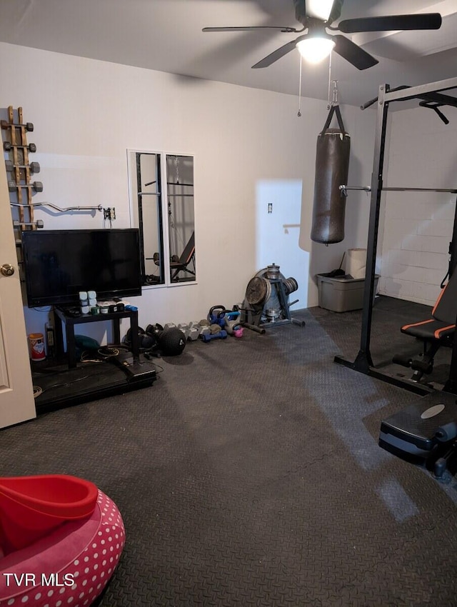 exercise room with a ceiling fan