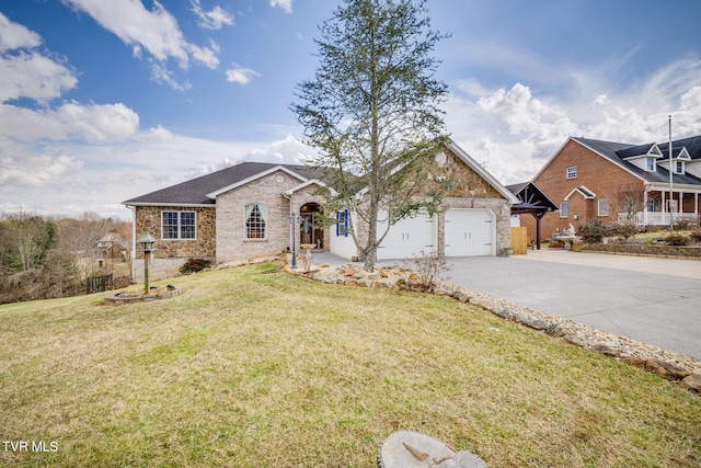 view of front of home with driveway, brick siding, a garage, and a front yard