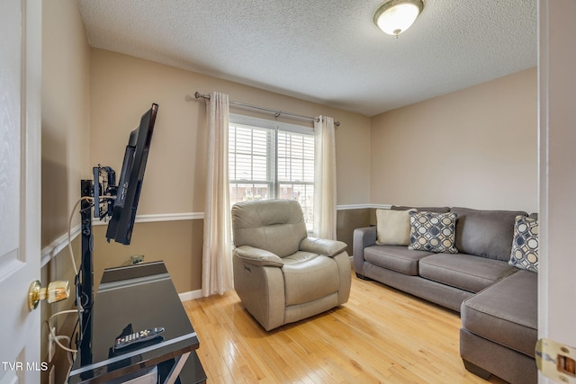 living room with a textured ceiling and hardwood / wood-style flooring