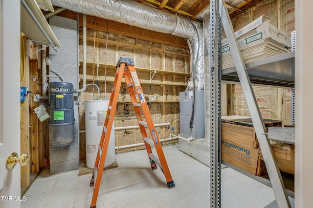 unfinished basement with electric water heater and tile patterned floors