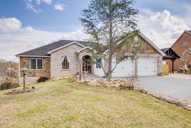 single story home featuring an attached garage, driveway, brick siding, and a front yard