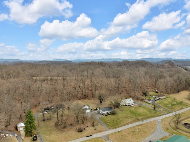 bird's eye view with a mountain view and a wooded view