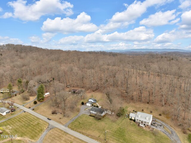 drone / aerial view featuring a view of trees and a rural view