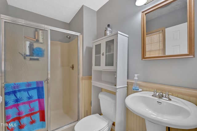 bathroom with a sink, toilet, a stall shower, and a textured ceiling