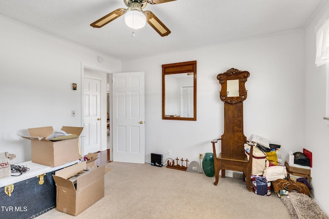 interior space featuring carpet floors, crown molding, and a ceiling fan