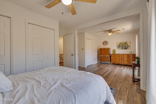 bedroom featuring multiple closets, ceiling fan, and wood finished floors