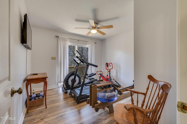 exercise area with ceiling fan, baseboards, and wood finished floors