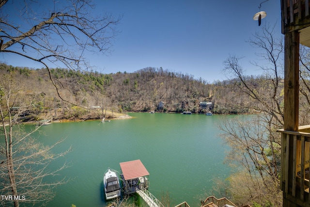 view of dock with a forest view and a water view