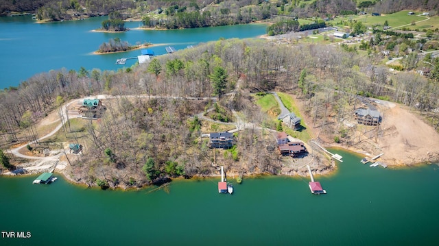 aerial view with a water view and a wooded view