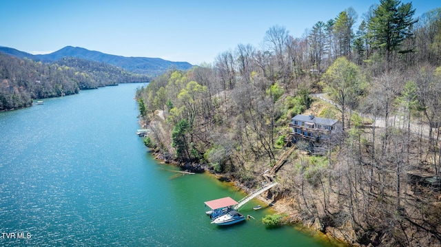 bird's eye view with a wooded view and a water and mountain view