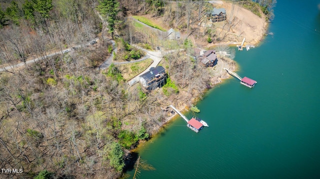 drone / aerial view featuring a water view