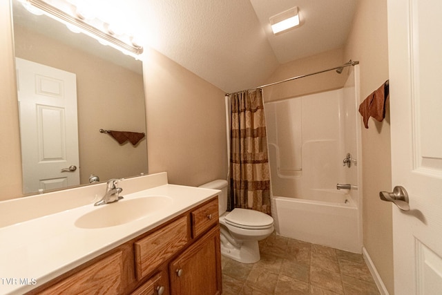 full bathroom with toilet, shower / bath combo, vaulted ceiling, and vanity