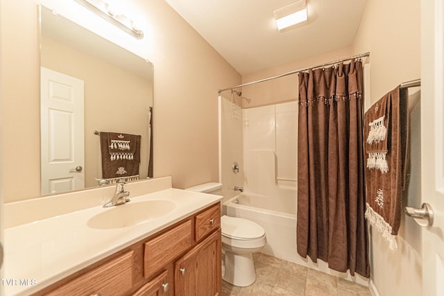 full bathroom with toilet, shower / bath combo, and vanity