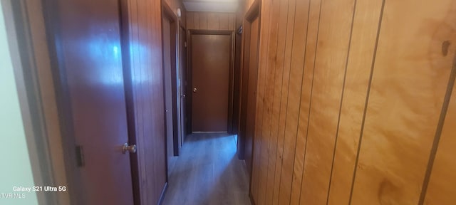 hall with wooden walls and wood finished floors