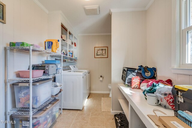1545 Old State Route 34, Telford, TN 37690 - laundry area featuring independent washer and dryer, light tile patterned floors, ornamental molding, baseboards, and laundry area
