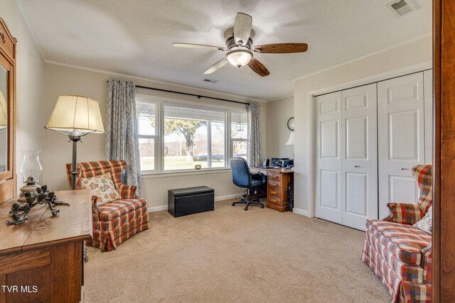 1545 Old State Route 34, Telford, TN 37690 - carpeted office with baseboards, ceiling fan, visible vents, and crown molding