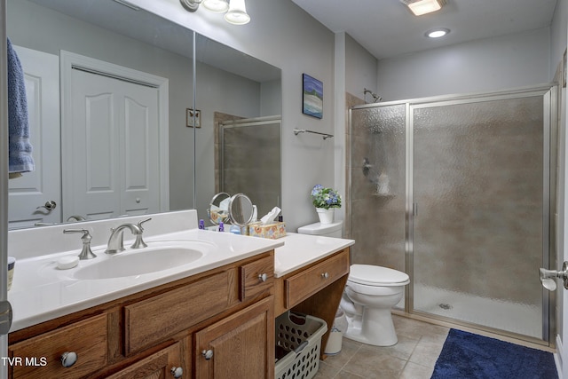 full bath with visible vents, toilet, a shower stall, vanity, and tile patterned flooring