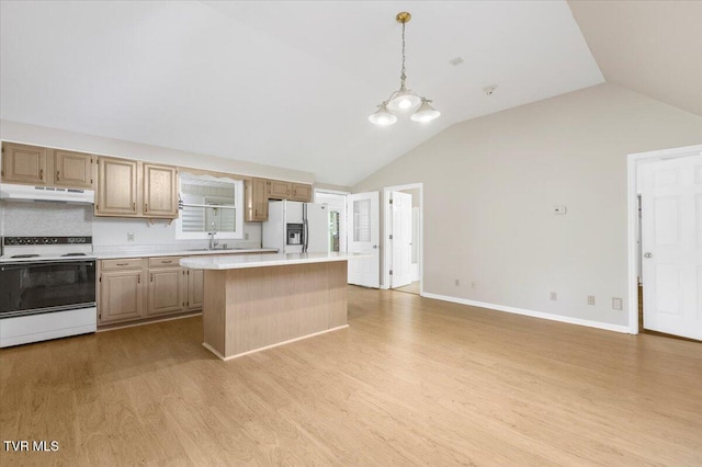 kitchen with light countertops, light wood-style flooring, a sink, white appliances, and under cabinet range hood