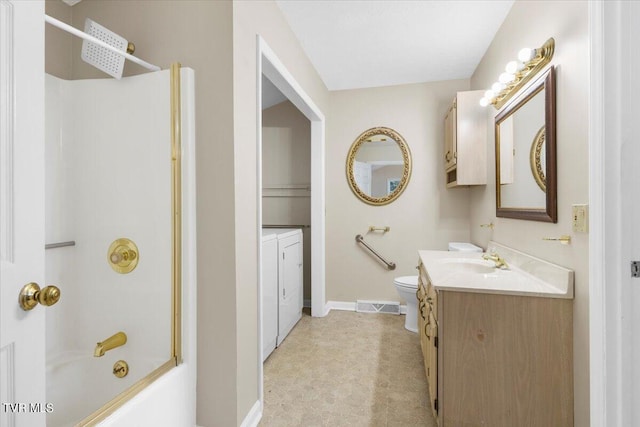 full bathroom with toilet, vanity, visible vents,  shower combination, and independent washer and dryer