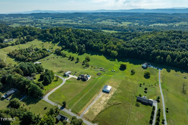 drone / aerial view with a forest view, a rural view, and a mountain view