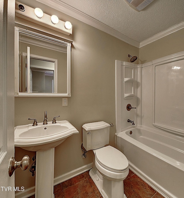 bathroom featuring a textured ceiling, toilet, visible vents, ornamental molding, and washtub / shower combination