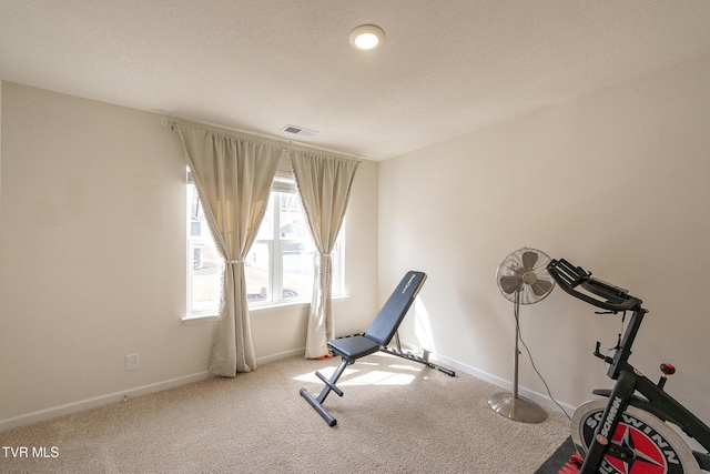 exercise room featuring carpet floors, visible vents, a textured ceiling, and baseboards