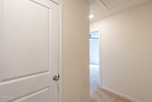 corridor featuring carpet flooring and baseboards