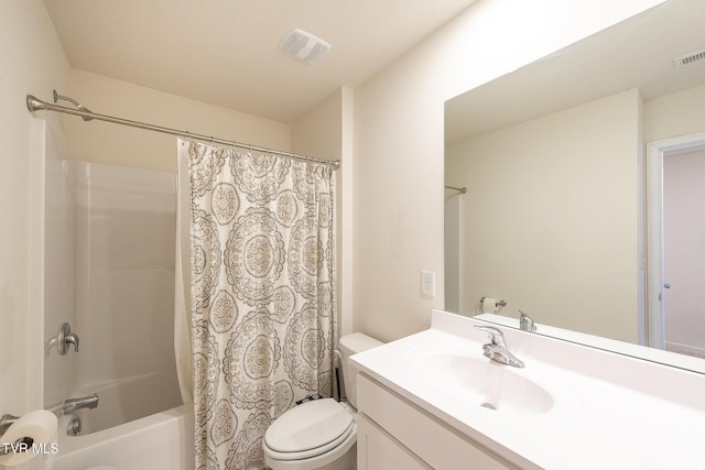 full bath featuring toilet, shower / bath combo, visible vents, and vanity