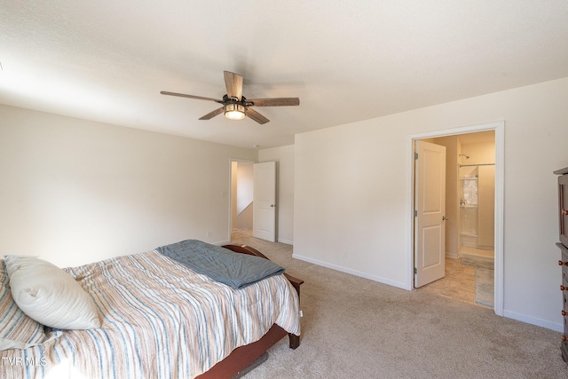 bedroom featuring baseboards, a ceiling fan, and light colored carpet