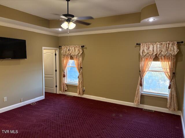 carpeted empty room featuring crown molding, a raised ceiling, visible vents, a ceiling fan, and baseboards