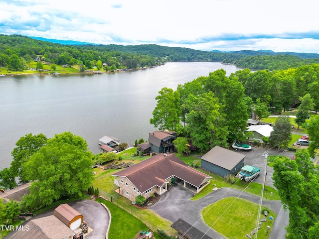 drone / aerial view with a water view and a view of trees