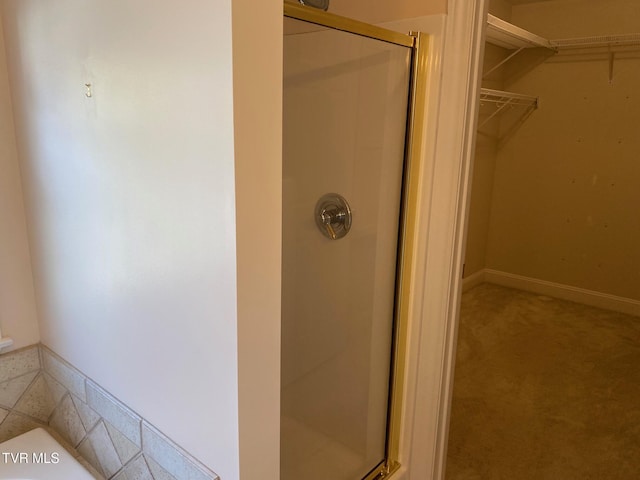 bathroom with a stall shower and a spacious closet