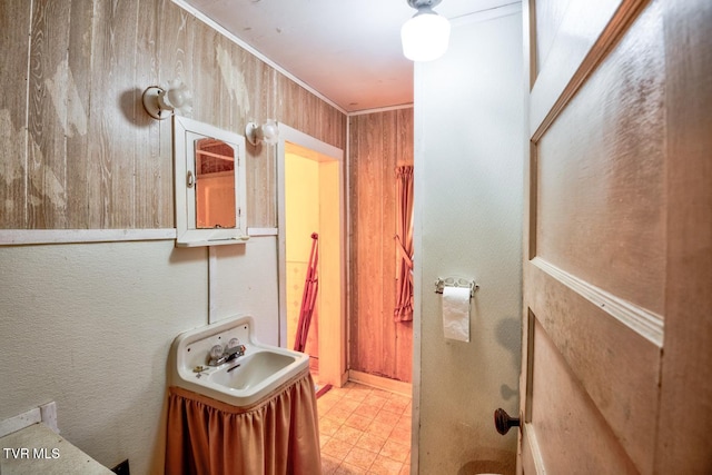 bathroom featuring a sink and wooden walls