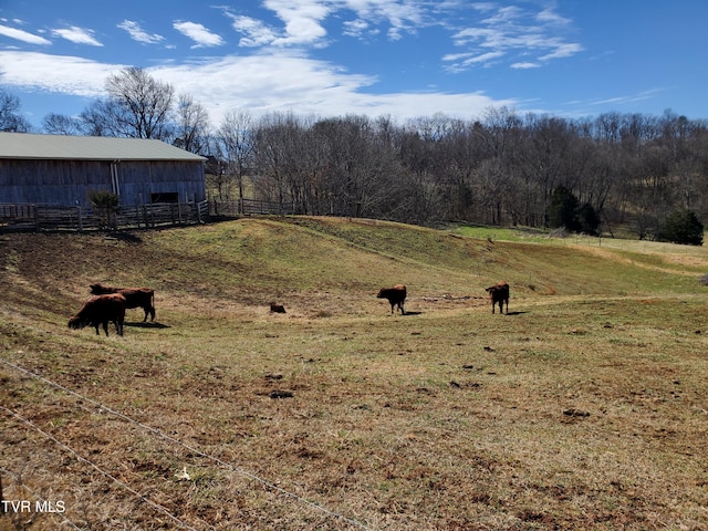 view of yard featuring an outbuilding, a rural view, and fence