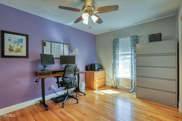 office featuring ceiling fan, light wood-type flooring, and baseboards