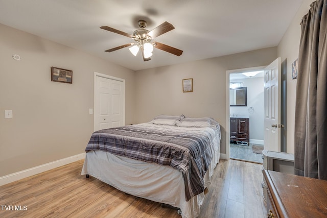 bedroom with light wood-type flooring, baseboards, and a ceiling fan