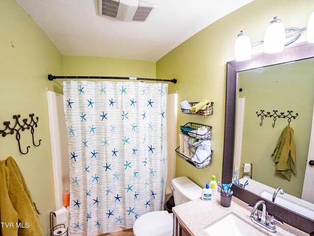 5659 Browning Way, Russellville, TN 37860 - full bath featuring visible vents, toilet, shower / bathtub combination with curtain, a textured ceiling, and vanity