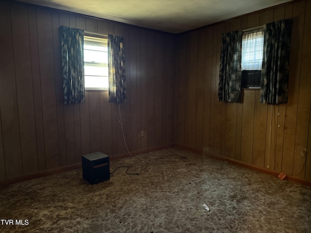 carpeted empty room featuring wood walls and baseboards