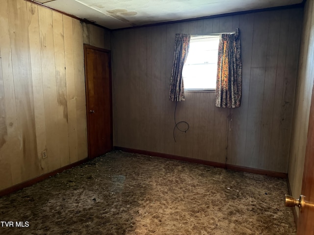 spare room featuring carpet and wooden walls