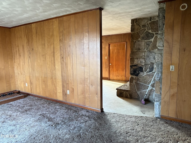 empty room featuring a textured ceiling, wood walls, and carpet flooring