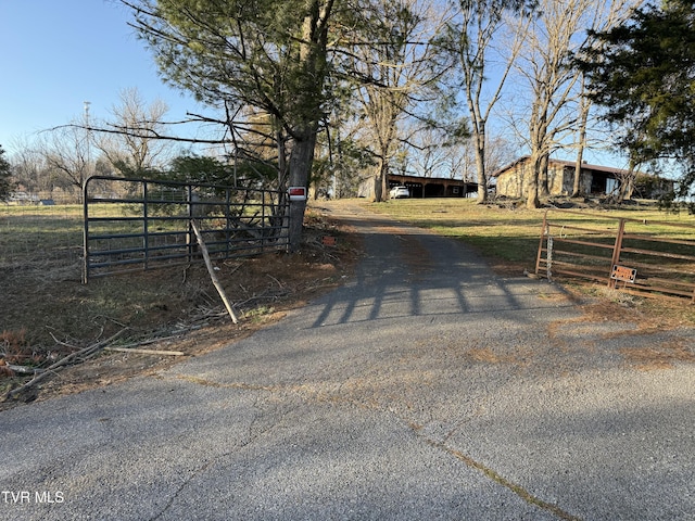 view of street featuring driveway, a gated entry, and a rural view