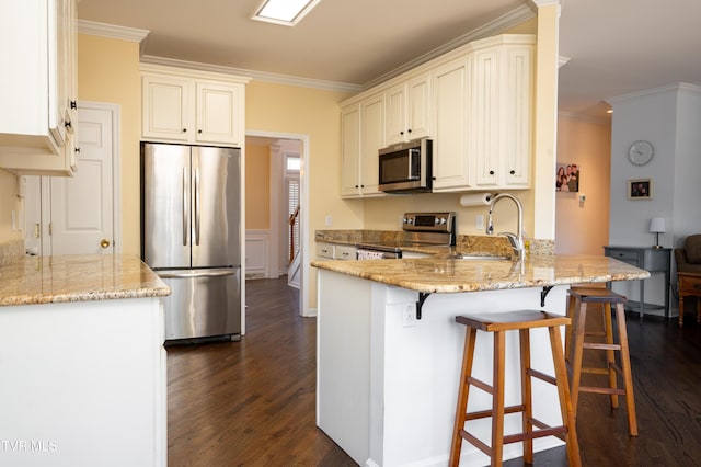 kitchen with a peninsula, appliances with stainless steel finishes, a sink, and crown molding