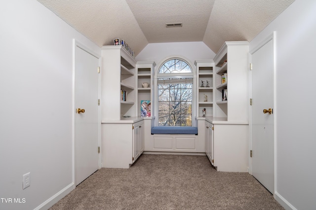 interior space featuring lofted ceiling, visible vents, a textured ceiling, and light colored carpet