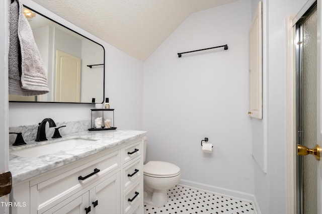 full bathroom with baseboards, lofted ceiling, toilet, an enclosed shower, and vanity