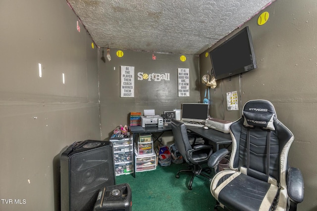 office area featuring carpet floors and a textured ceiling