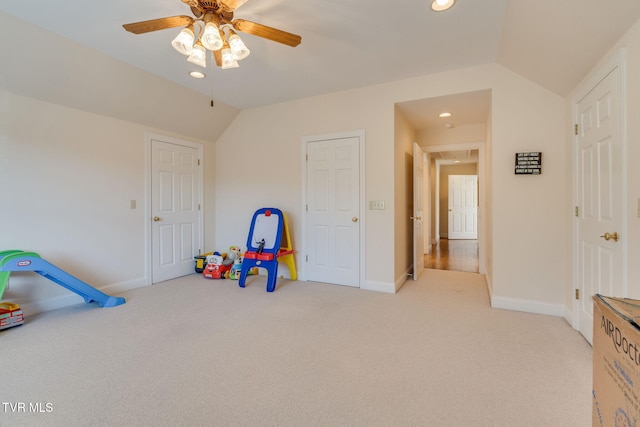 game room with recessed lighting, baseboards, carpet flooring, and vaulted ceiling