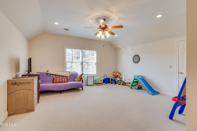 carpeted bedroom with visible vents, a ceiling fan, recessed lighting, baseboards, and vaulted ceiling