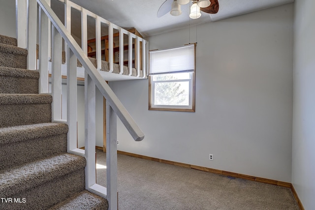 staircase with carpet flooring, a ceiling fan, and baseboards